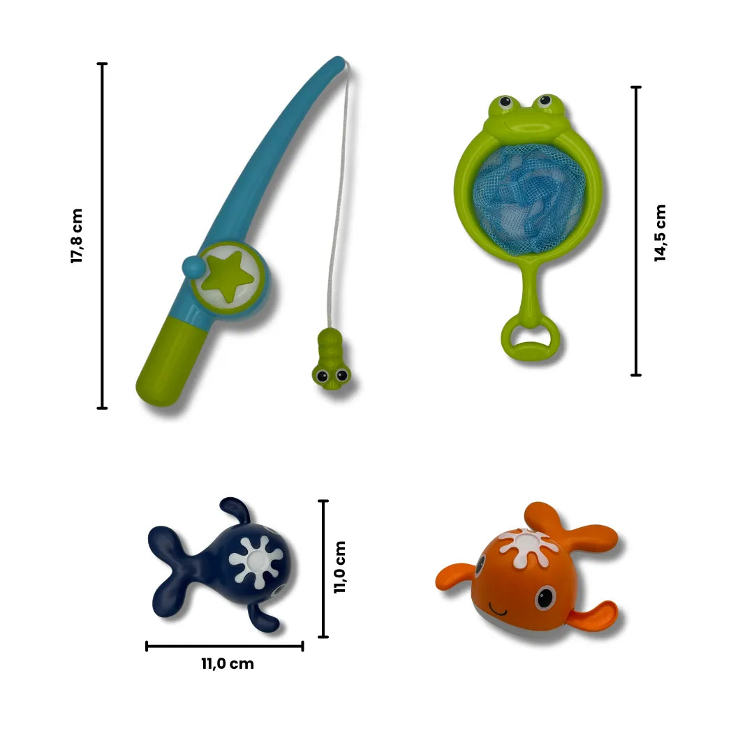 Abmessungen des Angelspiel für die Badewanne: Die Angel ist 17,8cm hoch, der Kescher ist 14,5cm hoch und die Weile sind 11cm hoch und breit.