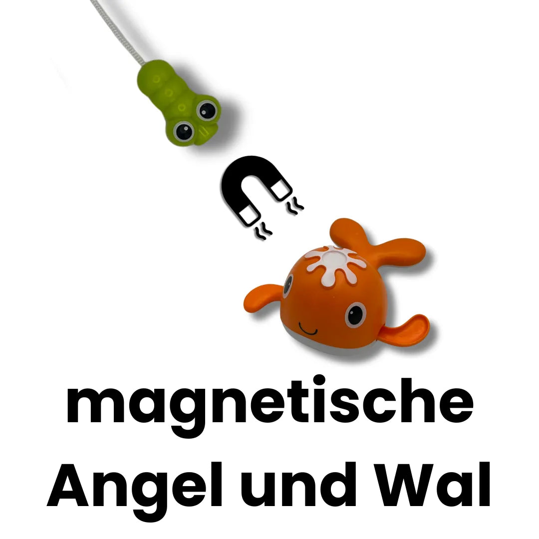 Das Angelspiel für die Badewanne der Planschpiraten enthält eine magnetische Angel und magnetische Wale