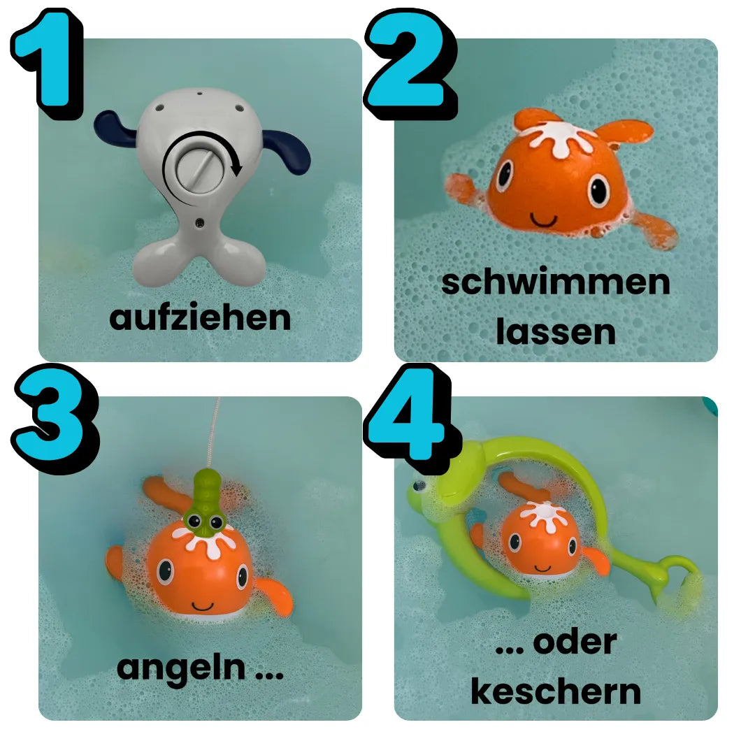 Wenn Kinder die süßen Wale aufziehen (Schritt 1) und schwimmen lassen (Schritt 2) können sie die Wale angeln oder keschern.